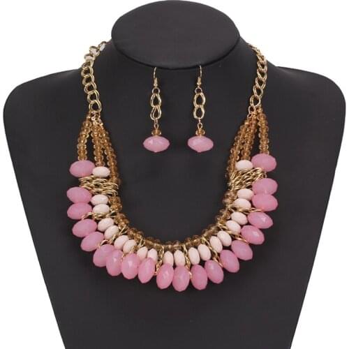 New Big Multi Layer Afrcian Beads Statement Choker Necklace Set and Earrings Acrylic Stone Bohemian Jewelry Sets For Women