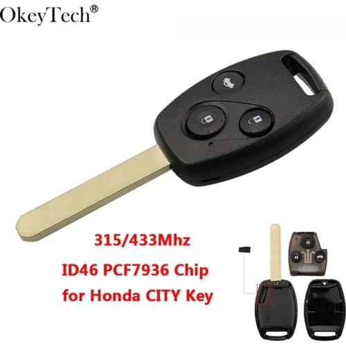 Okeytech Remote Key 3 Buttons 315/433Mhz ID46 Chip Uncut Blade Keyless Entry Remote Control Auto Car Keys Fob for Honda CITY Key
