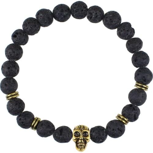 Wholesale Beaded 8mm Lava Stone Beads Gold and Silver Plated Skull Elastic Bracelets for Men and Womens Gift