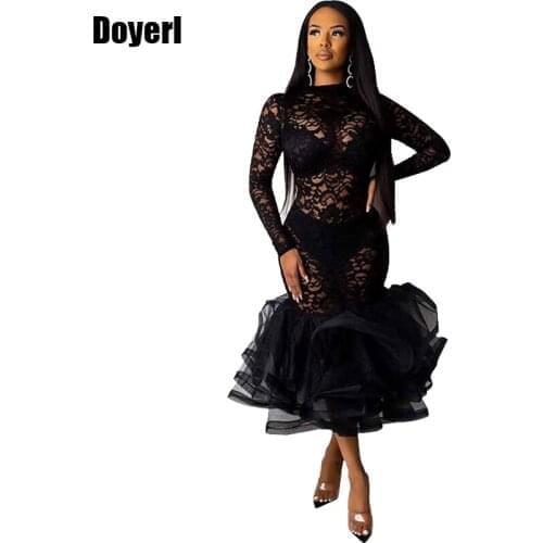 Sheer Lace Sexy Dress Women Club Layered Ruffle Organza Lace Floral Midi Bodycon Dress Bandage Black Elegant Evening Party Dress