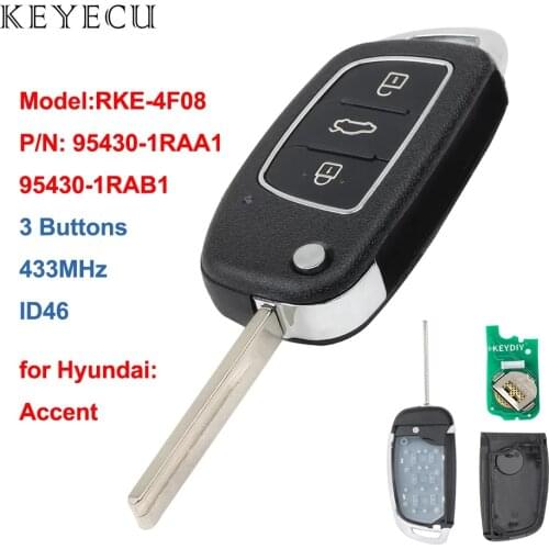 Keyecu Remote Key Fob 3 Buttons 433MHz ID46 for Hyundai Accent 2013 2004 2015, Model:RKE-4F08, P/N: 95430-1RAA1