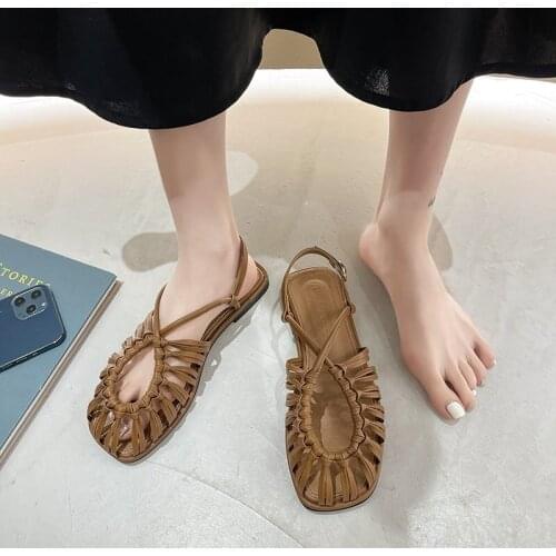 Flat sandals womens shoes 2021 single shoes new British style retro hollow Baotou Roman sandals shoes X829
