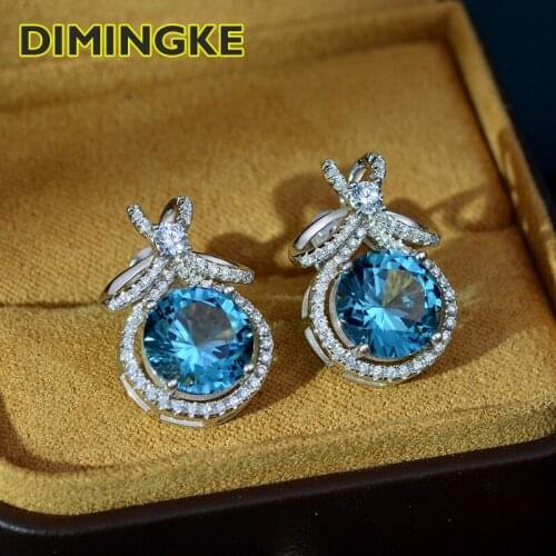 DIMINGKE 10*10MM Aquamarine Emerald Silver Earrings 100%-S925 Sterling Silver Jewelry Female Party Birthday Gift