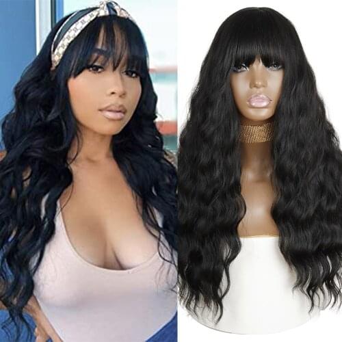 AZqueen Long Water Wave Synthetic Wigs With Bangs Natural Wavy Orange Wig for Women Cosplay Wigs Heat Resistant Fiber Wigs