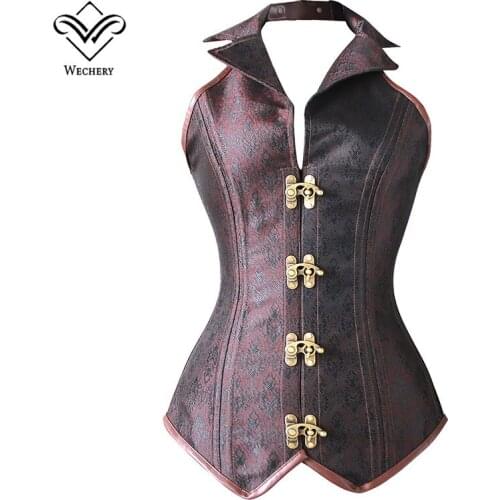Wechery Steampunk Corset Sexy Retro Punk Brown Women Corsets Vintage Korset Sexy V neck Halter Gorset Tops Bustier For Party