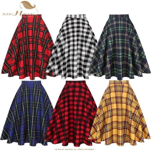 SISHION 2021 Summer High Waist Midi Skirt Plaid Vintage 50s Cotton Knee Length Skirt Jupe Femme SS0006