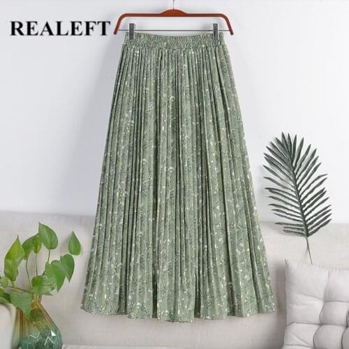 REALEFT Summer New 2021 Vintage Floral Print Tulle Pleated Womens Mi-Long Skirts Chiffon High Waist Loose Female Umbrella Skirt