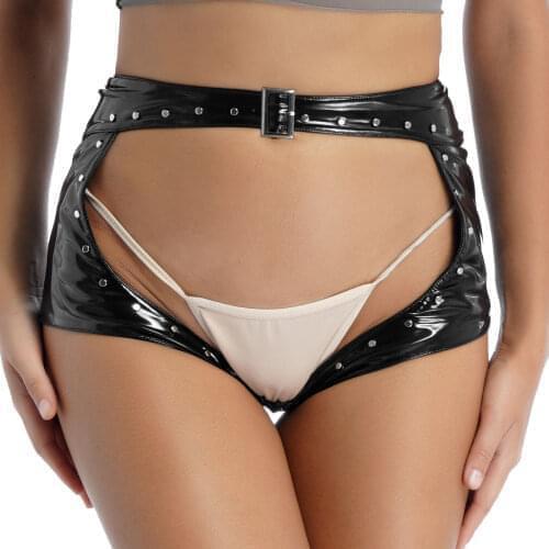 Women Hollow Out Underpants Hot Erotic Underwear Wetlook Shiny Patent Leather Boxer Brief Bodyshorts Rivet High Waist Shorts