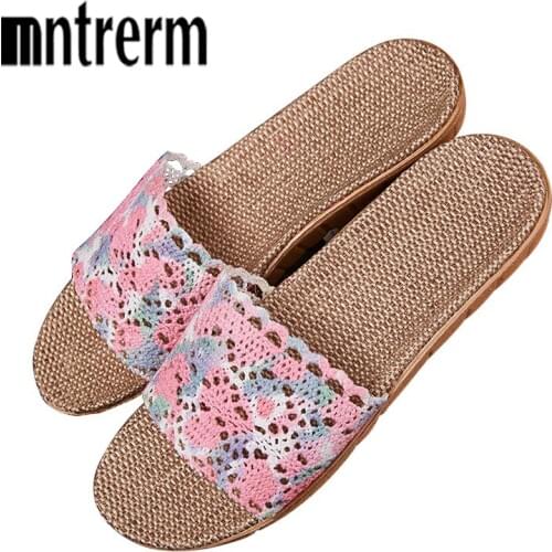 Mntrerm Female Cotton Flax Slippers Women Breathable Hollow Flat Slipper Summer Linen Shoes Indoor Non-slip Home Shoes Flip Flop
