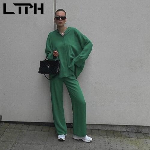 LTPH vintage green casual two piece set women loose long sleeve shirt high waist drawstring trousers Pant Sets 2021 summer new
