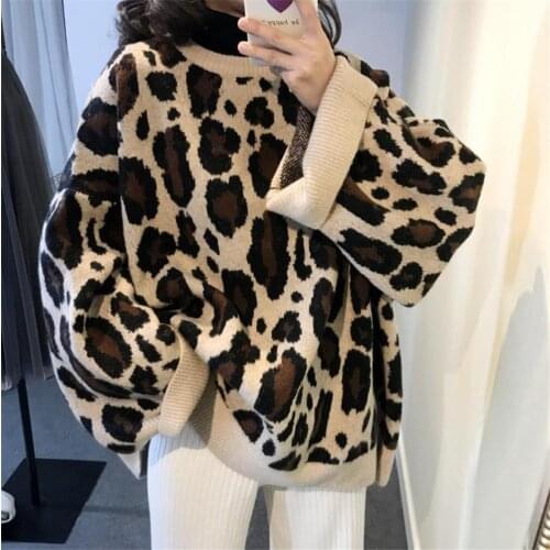 Women Sweater Autumn Winter O-Neck Leopard Print Oversized Sweater Loose Knit Sweater Casual Pullover Plus Size jumper sweter 35