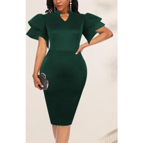 Women Elegant Bodycon Dress Short Ruffles Sleeve Bodycon Slim Knee Length Elastic Office Ladies Date Out 2021 New Female Robes