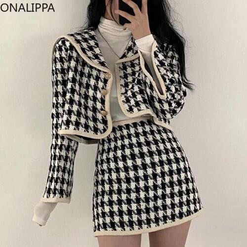 ONALIPPA Houndstooth Set Ladies 2021 Autumn French Elegant Temperament Navy Collar Cardigan Short Jacket High Waist A-line Skirt