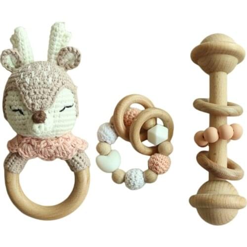 3 Pcs/Set Baby Teething Bracelets Crochet Elk Soother Wooden Rattle Teether Toys 425F