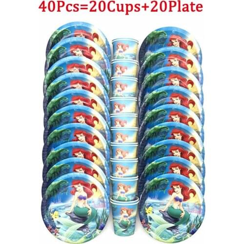 40/60/80/90/100Pcs Disney Mermaid Girls Birthday Party Decoration Disposable Tableware Peper Cup Plate Baby Shower Gift Supplies