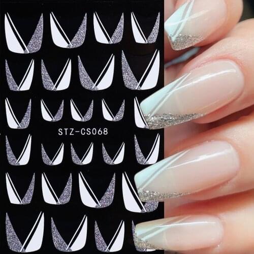 Glitter French Nail Stickers Silver Line Geometry White Hypotenuse Edge Transfer Press On Nail Slider Ballet Decor SASTZ-CS068