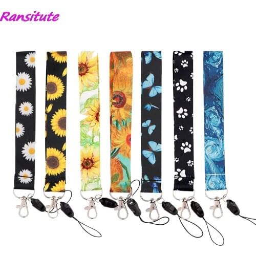 R2040 Sunflowers Dog Paw Print Monarch Butterfly Painting Art Key Chain Lanyard Neck Strap For Phone Keys ID Card Short Lanyards