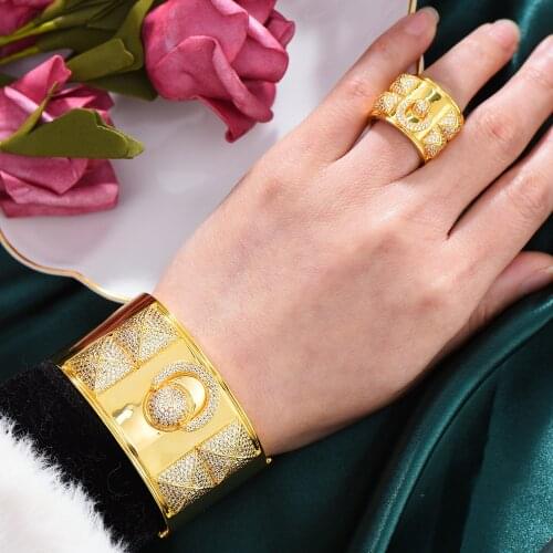 KellyBola Trendy Noble Indian Princess Wide Gold Bangle Ring Set For Women Full Micro Cubic Zircon Wedding Saudi Arabic
