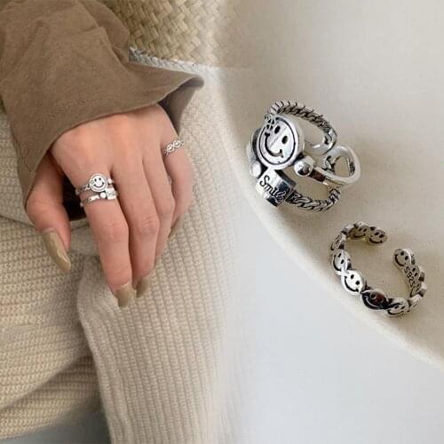 HOT Vintage Ancient Silver Color Happy Smiling Face Open Rings for Women Punk Hip Hop Adjustable Ring Fashion Jewelry Gift