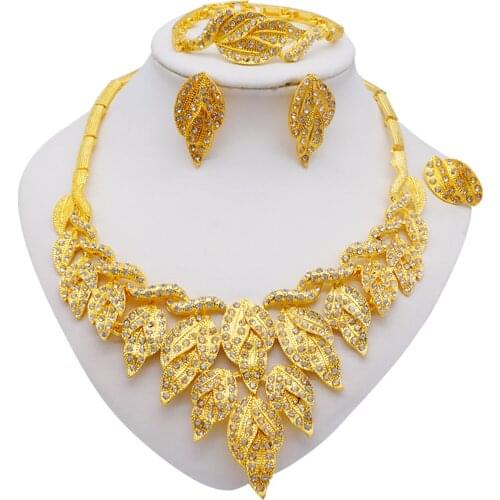 Jewelry Sets Wedding Crystal Leaves Fashion Bridal African Gold Color Necklace Earrings Bracelet Women Party Gift Sets