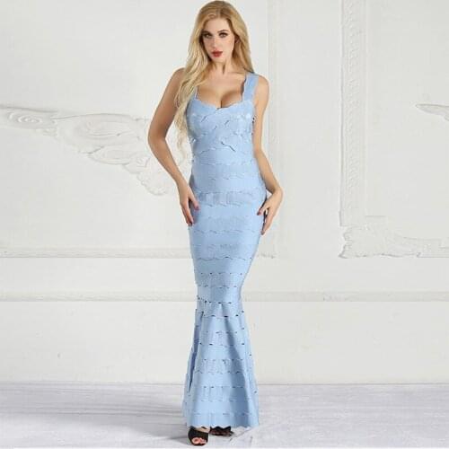 Summer Blue Bandage Dress High Quality Jacquard Fashion Show Spaghetti Strap Bodycon Long Cocktail Party Dress Vestido Wholesale