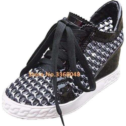 Wedges Height Increase Hollow Summer Shoes Lace Up Cool Black Breathable Casual Shoes Heel 8 cm Multi-Hole Shoes