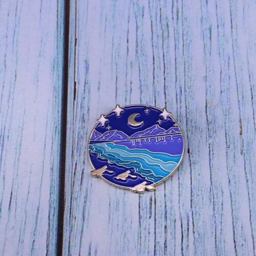 Moon Stars Mountains River Enamel Pin Round Blue Brooch For Coat Lapel Skirt Swearter Badge