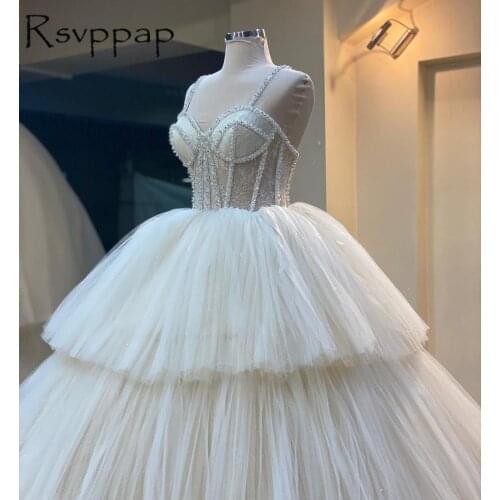 Tiered Cupcake Wedding Dresses 2021 Stunning Heavy Beaded Lace Top Tulle A-line Long Bridal Gowns robe de mariée