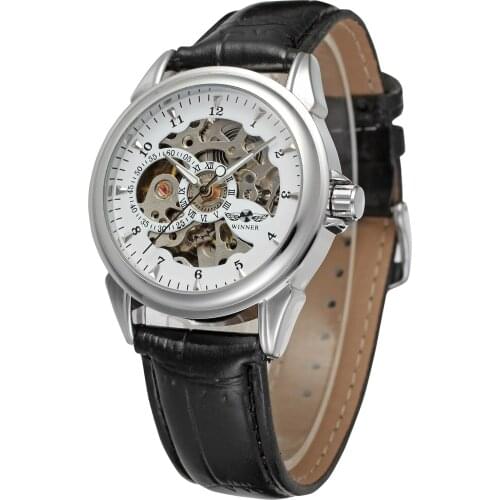 Fashion Winner Top Brand Men Women Military Hand Wind Mechanical Skeleton Watch Male Leather Golden Black Dial Back Cover Glass