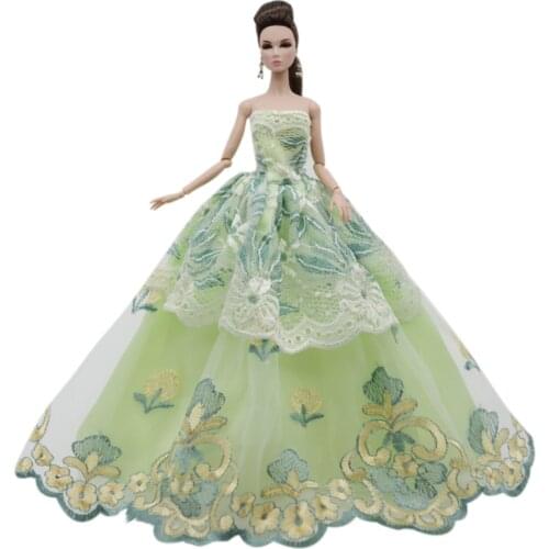 Fashion Light Green Floral Wedding Dress For Barbie Doll Clothes Outfits Off Shoulder Lace Princess Party Gown 1/6 BJD Accessory