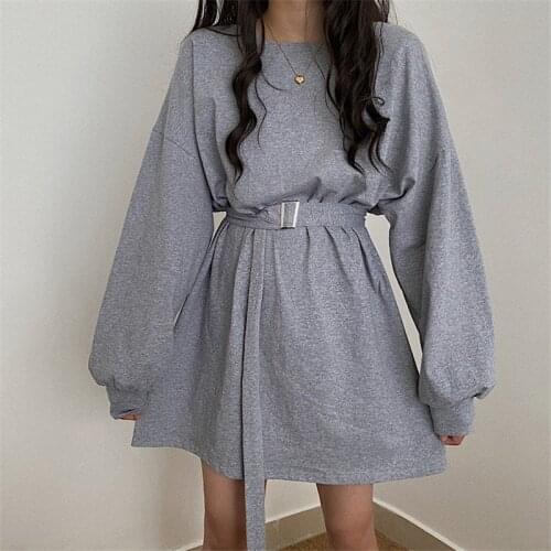 Fashion Women Dress Loose O-neck Casual Cotton Sashes Solid Simply Lantern sleeve female bing 2020 HOT kobieta sukienka