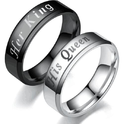 Stainless steel His Queen Her King Fashion Couple Engagement love Ring for Women Men Silver Black Ring Jewlery bague femme