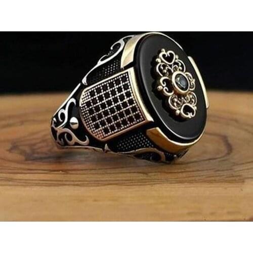 Vintage Ancient Middle East Arabic Style Mens Rings Trendy Two Tone Carving Pattern Punk Rings for Men Party Jewelry Gifts