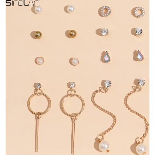Sindlan 8Pairs Vintage Crystal Pearl Pendant Earrings for Women Kpop Charms Geometric Stud Set EMO Female Korean Fashion Jewelry