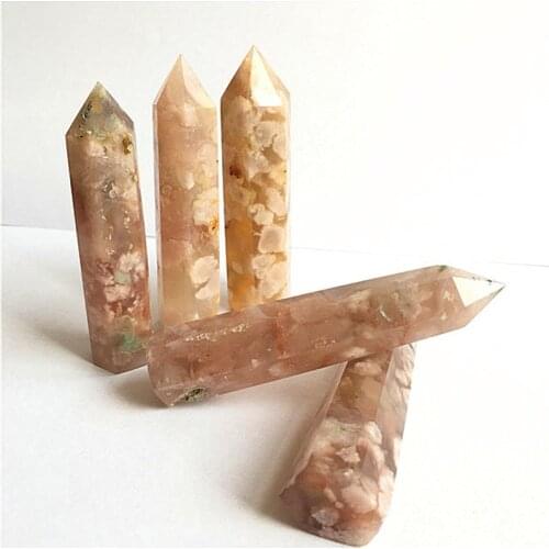 Natural gemstone cherry blossom agate crystal wand point obelisk for feng shui