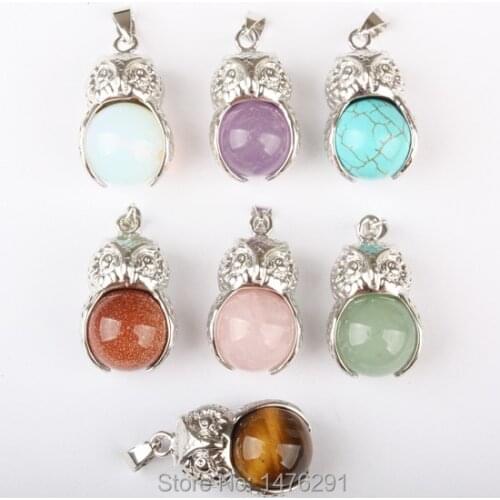 Charming 16MM Mix-Color Stone Tiger Eye Opal Green Howlite Stone Rose Pink Quartz Round Bead Alloy Owl Pendant 1PCS