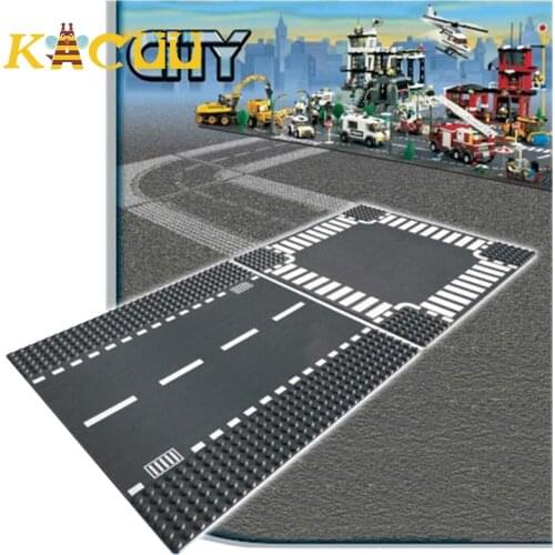 City Road Baseplate Straight Crossroad Stree Curve Baseboard Building Blocks Parts Bricks Sets Compatible Small Educational Bloc