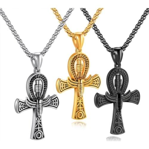 Retro Classic Egyptian Life Cross Necklace Egyptian Pharaoh Stainless Steel Pendant Mens Fashion Punk Jewelry Gift