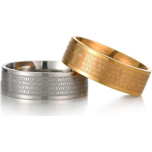 Religious English Lords Prayer Stainless Steel Etching Rings Cross Jewelry Ring For Man Women