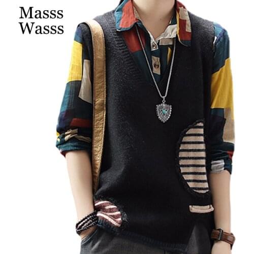 Masss Wasss European Luxury Designer Womens Striped Sleeveless Sweaters Ladies V-Neck Loose Pullovers Black Patchwork Clothing