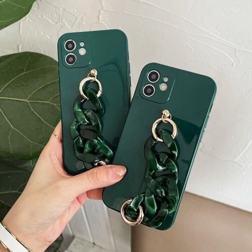 Luxury Green Marble Wrist Chain Case for iPhone 12 ProMax 12mini 12Pro 11Promax xsmax 7 8Plus SE 2020 Bracelet Chian TPU Coque