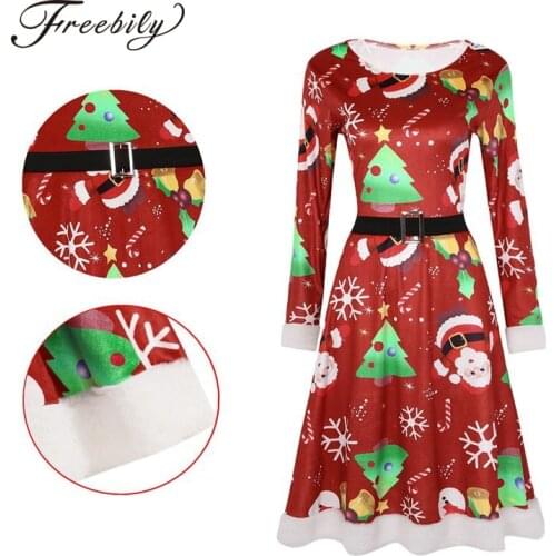 Womens Velvet Christmas Costume Fancy Dress Scoop Neck Long Sleeves Swing Dress 3D Printed Casual Flared Midi Dress