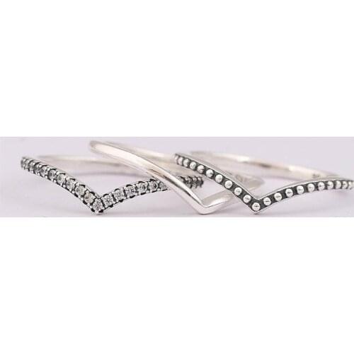 S925 Silver Wishbone Ring Stack With Crystal Ring For Women Wedding Party Gift fit Lady Fine Jewelry