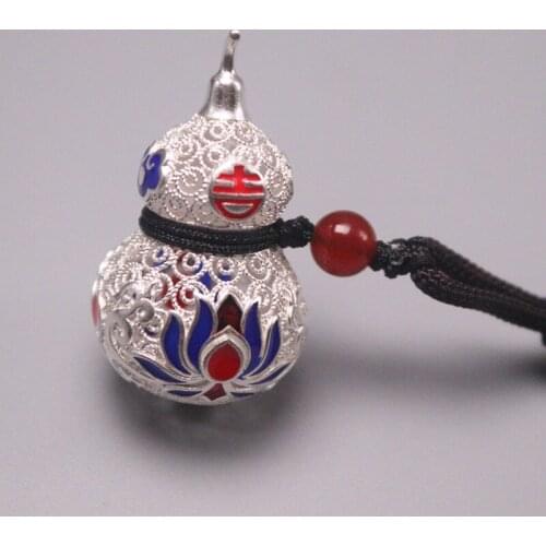 S999 Fine Silver Pendant Women Luck Bless Hollow Gourd Lotus Flower Pendant 35x21mm