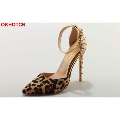 OKHOTCN Leopard Toe Buckle Ankle Strap Sandals Women Cover Heel Back Gold Rivets Party Dress Shoes Woman Sexy Thin Heels Sandals