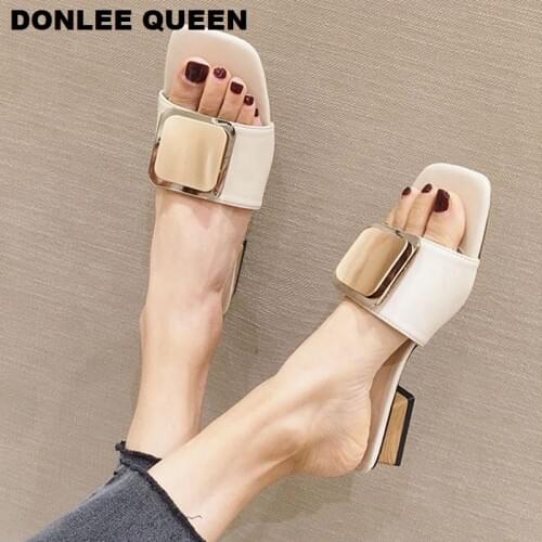 Women Slippers Slip On Slides Low Heel Sandals Metal Buckle Slipper Wooden Block Heels Summer Shoes Women femmes sandales mujer