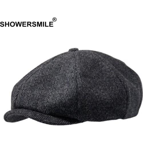 SHOWERSMILE Brand Wool Newsboy Caps Men Grey Herringbone Flat Caps Women Coffee British Gatsby Cap Autumn Winter Woolen Hats