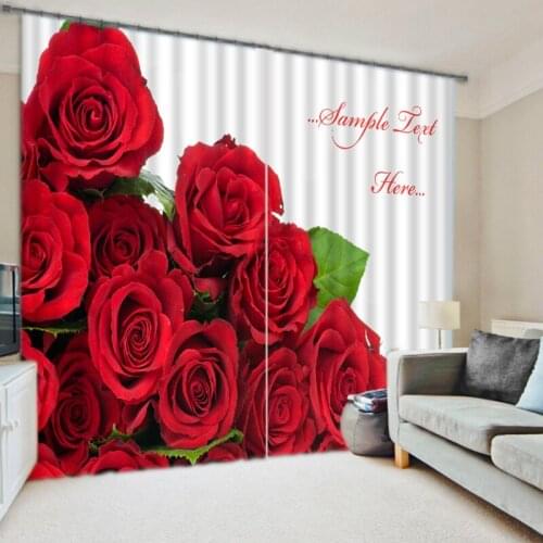 New Black Silk Blackout Curtains for Living Room Red Rose Flower 3D Printed Short Curtains Thicken Fabric Window Curtains