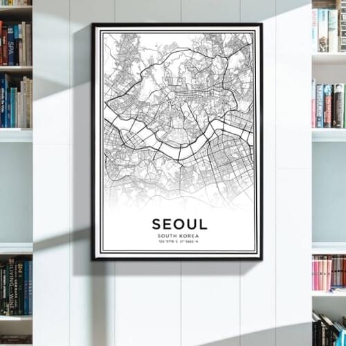 Modern Black And White Map Latitude Longitude Seoul City Poster HD Print South Korea Travel Wall Art Canvas Painting