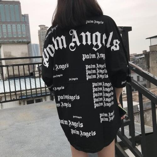 Palm Angels Barrage Full Print LOGO Bat Sleeve Loose Mens and Womens Short Sleeve Falling Shoulder T-shirt